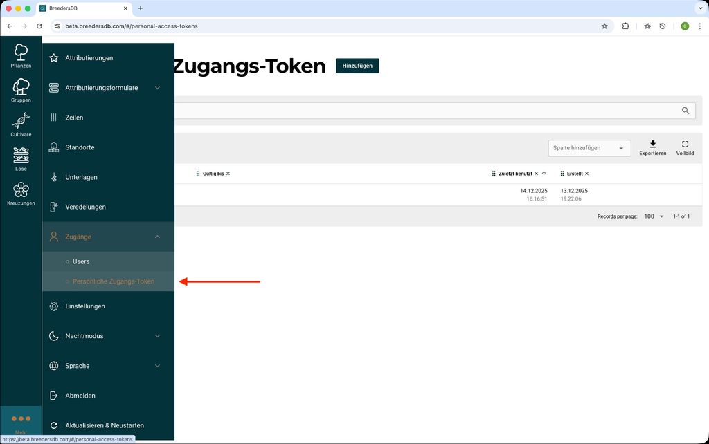 Navigation zu Persönliche Zugangs-Token